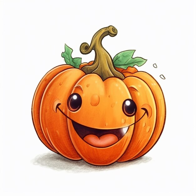 Cartoon pumpkin with a happy face and green leaves generative ai