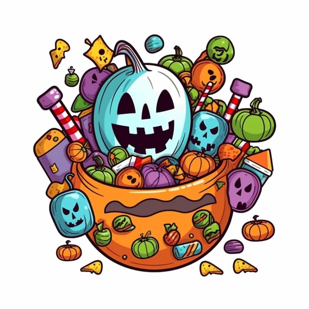 Foto una zucca di cartone animato con una lanterna jack o circondata da altri oggetti di halloween generativa ai
