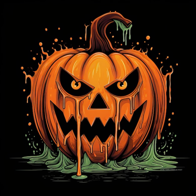 Photo a cartoon pumpkin with a scary face in the background in the style of pop art style graphics