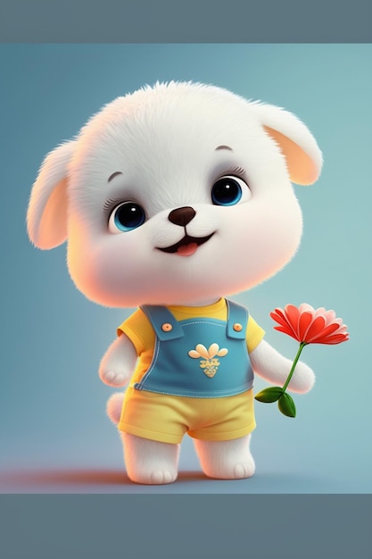 Cartoon puppy with a flower in his hand generative ai