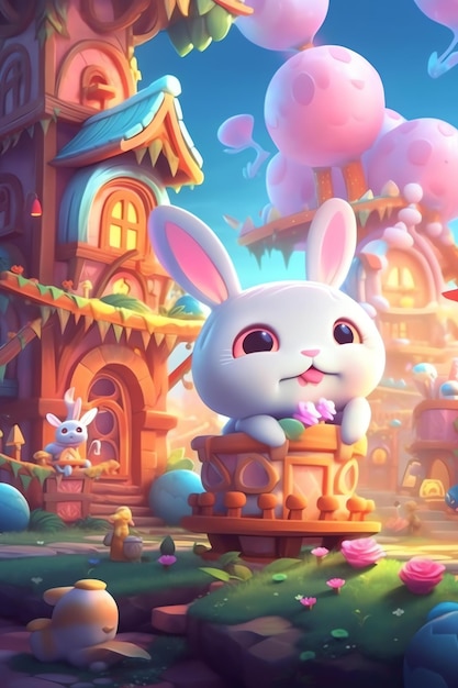 A cartoon rabbit in a box with a house in the background.