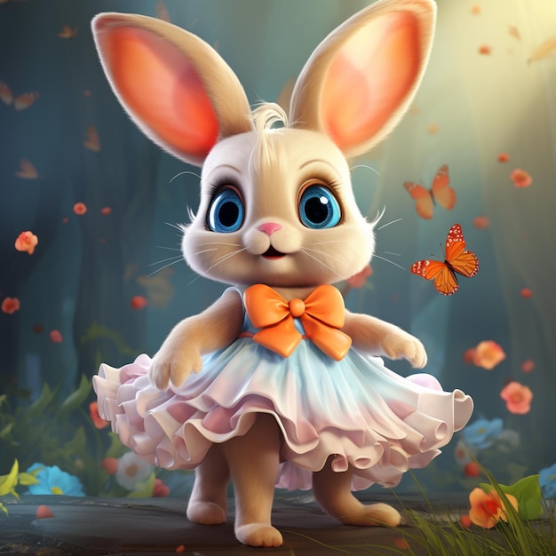 Cartoon rabbit in a dress with a butterfly in her hand generative ai