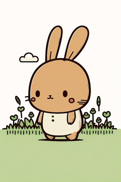 잔디와 꽃이 있는 에 있는 만화 토끼