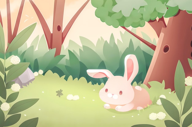 A cartoon rabbit in a forest with a pink bunny on the grass