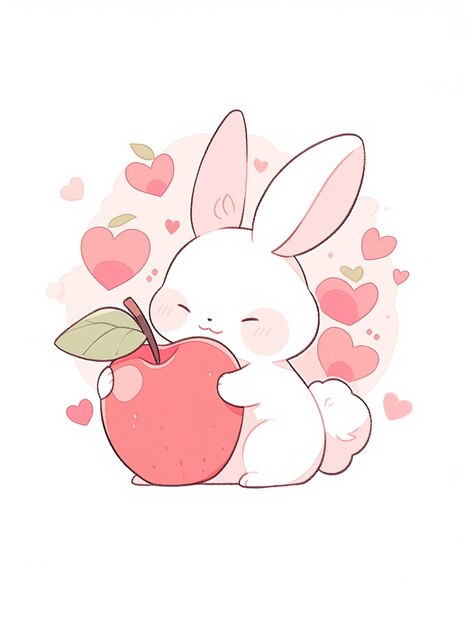 Photo cartoon rabbit holding an apple with hearts around it generative ai