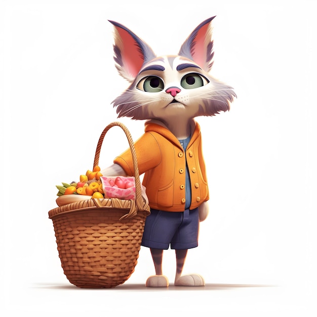 A cartoon of a rabbit holding a basket of fruit.