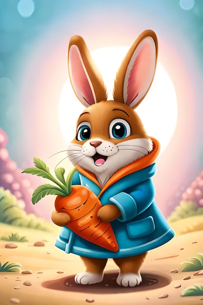 A cartoon rabbit holding a carrot in front of the moon