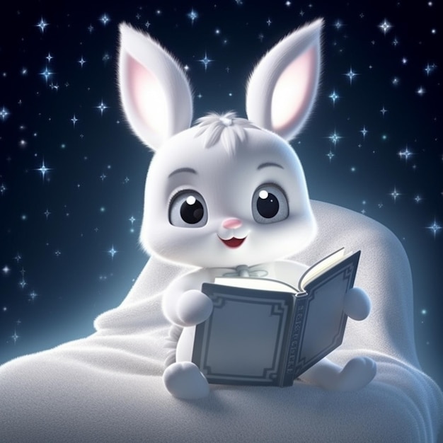 A cartoon rabbit is reading a book with a star background.