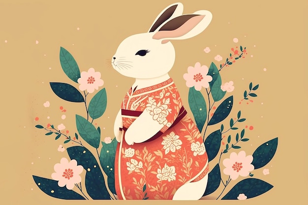 A cartoon rabbit in a kimono with a flower background