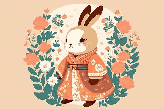 A cartoon rabbit in a kimono with a flower background.