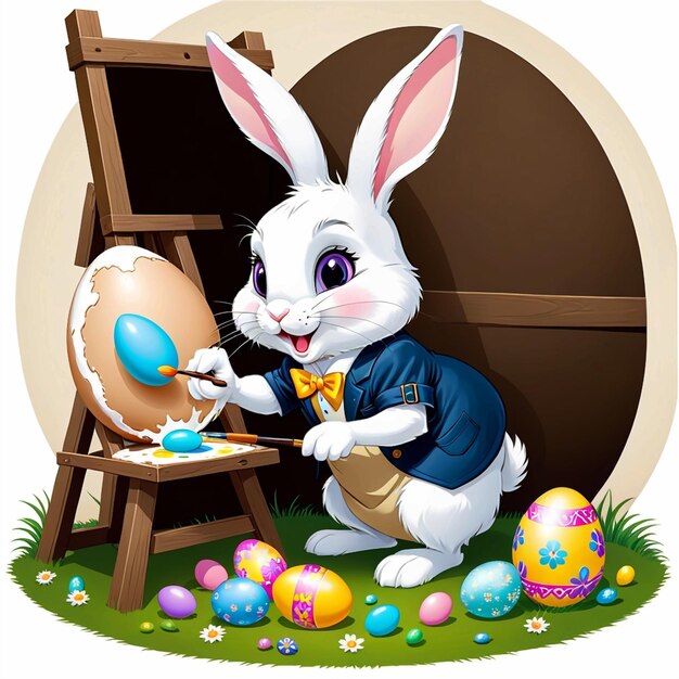 Photo cartoon rabbit painting an easter egg