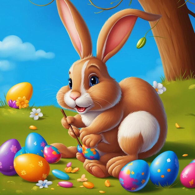 Cartoon rabbit painting an easter egg