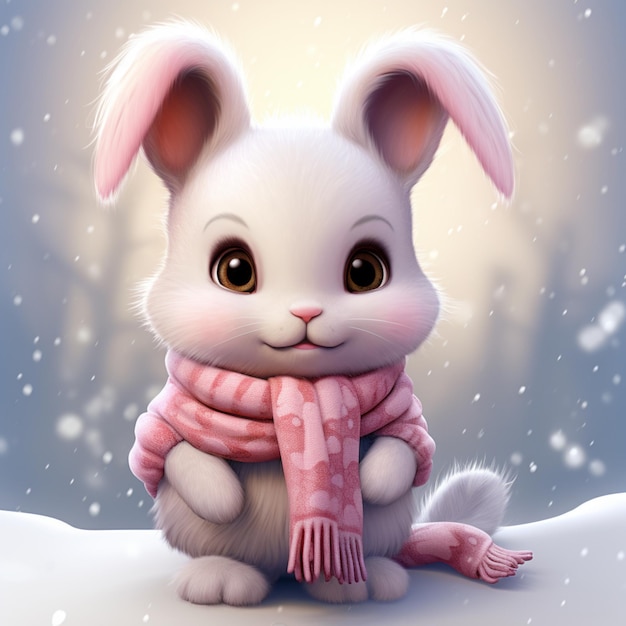Cartoon rabbit in pink scarf sitting on snow covered ground generative ai