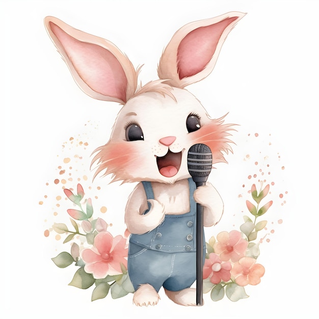 マイクを使って歌う漫画のウサギ