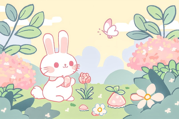 A cartoon rabbit sits in a garden with a butterfly on the right