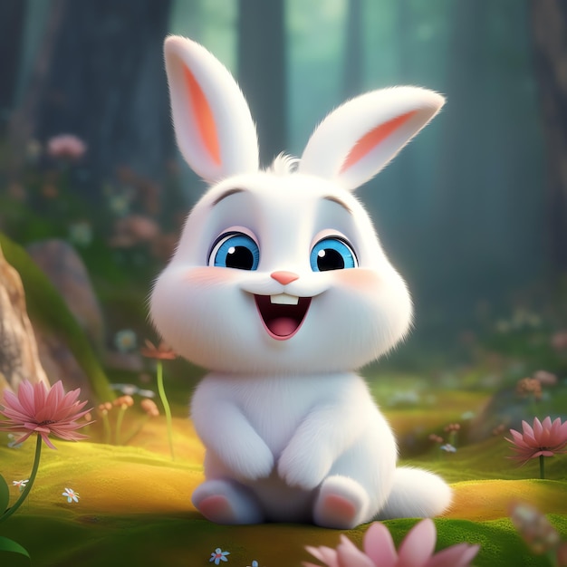 A cartoon rabbit sitting in a forest