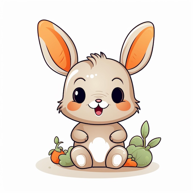 Foto coniglio dei cartoni animati seduto a terra con le carote davanti a lui generativo ai