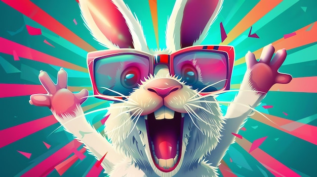 A cartoon rabbit wearing sunglasses is throwing its paws in the air and has a huge smile on its face