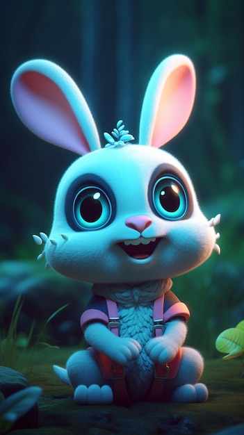 A cartoon rabbit with big blue eyes sits in a green field.
