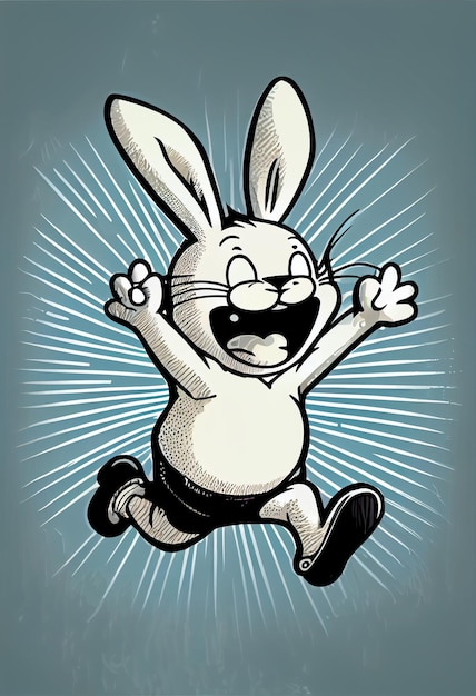 A cartoon rabbit with a big smile is running with his mouth open.