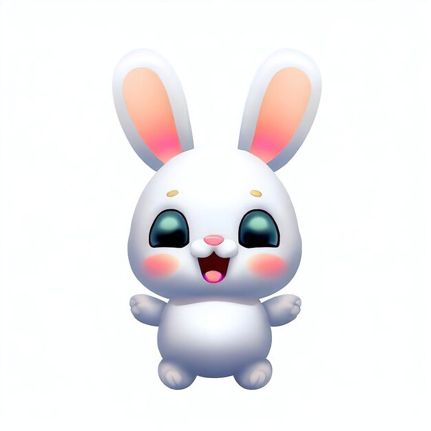 A cartoon rabbit with blue eyes and pink cheeks is smiling.