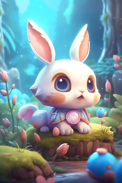 A cartoon rabbit with blue eyes sits on a stump in a garden.