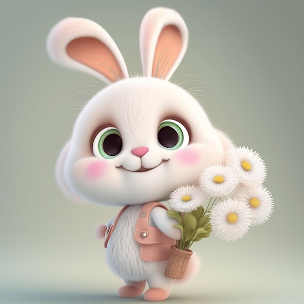 A cartoon rabbit with a bouquet of flowers in his hand.