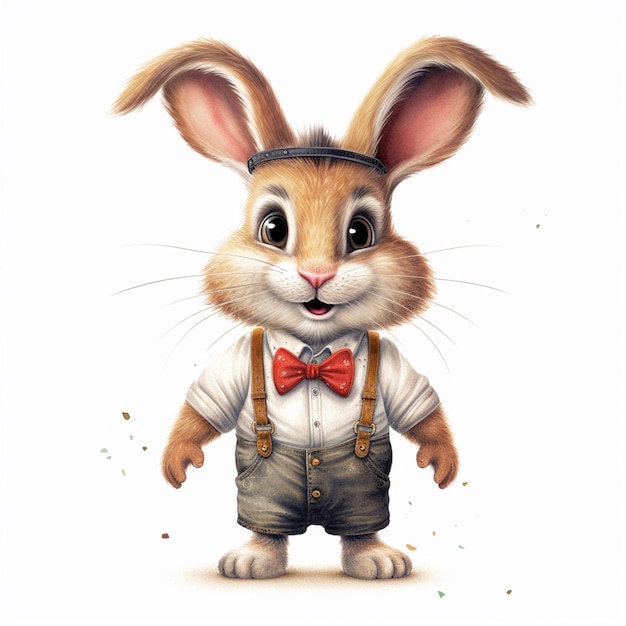 Карикатурный кролик с галстуком и подвесками стоит перед белым фоном.