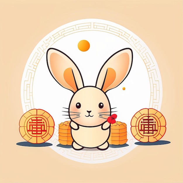 背景に中国のシンボルを持つ漫画のウサギと中国のシンボルを持つウサギ。
