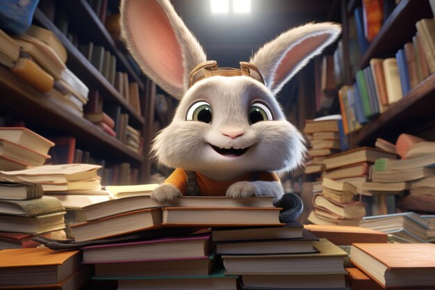 Foto il coniglio dei cartoni animati con le orecchie lunghe è seduto nella biblioteca con i libri il concetto di preparazione