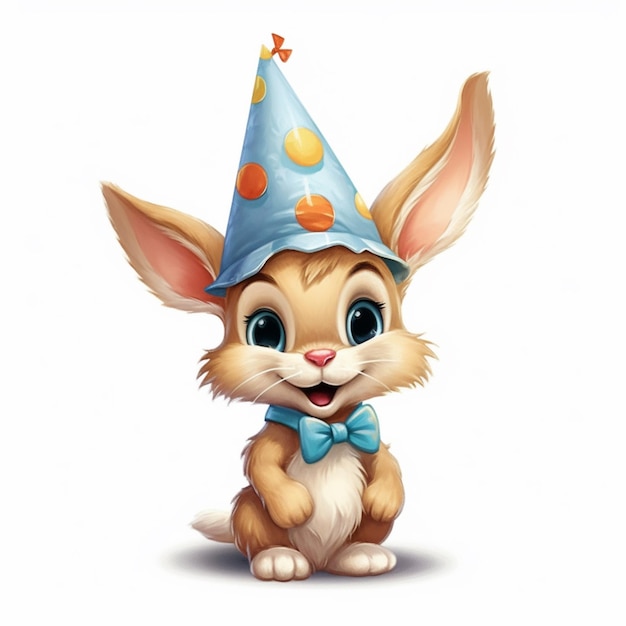 パーティーの帽子と蝶ネクタイをかぶったアニメのウサギが地面に座っている
