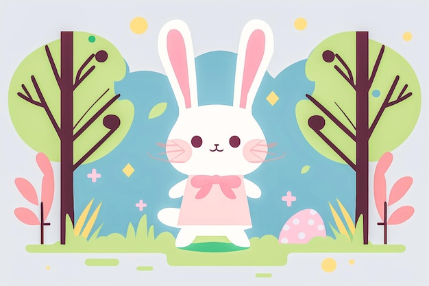 A cartoon rabbit with a pink dress and a easter egg in the background