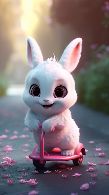 A cartoon rabbit with pink eyes and pink wheels is on a path with flowers.