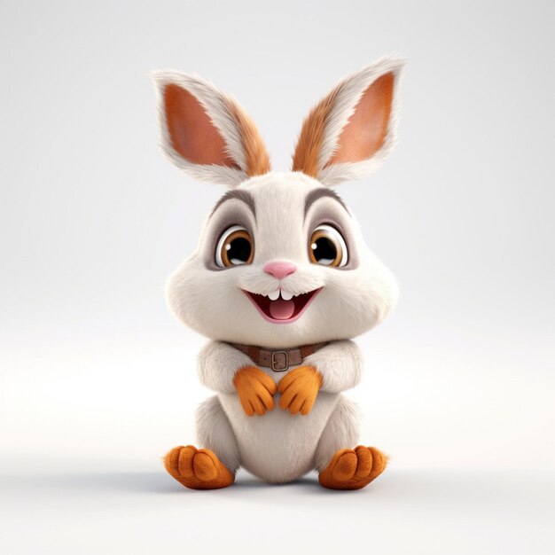 A cartoon rabbit with a white face and orange eyes sits on a white surface.