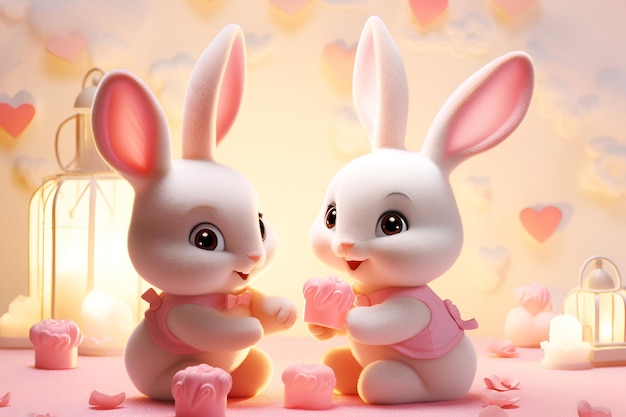 Cartoon rabbits in love with hearts on a peach background Valentines Day