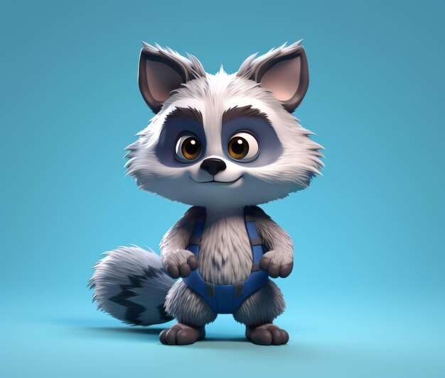 A cartoon raccoon with a blue harness