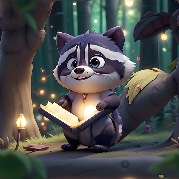 A cartoon of a raccoon with book his hands