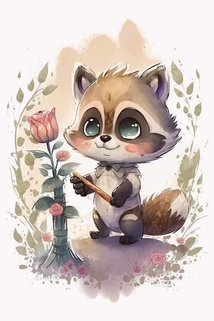 A cartoon of a raccoon with a flower in the middle.