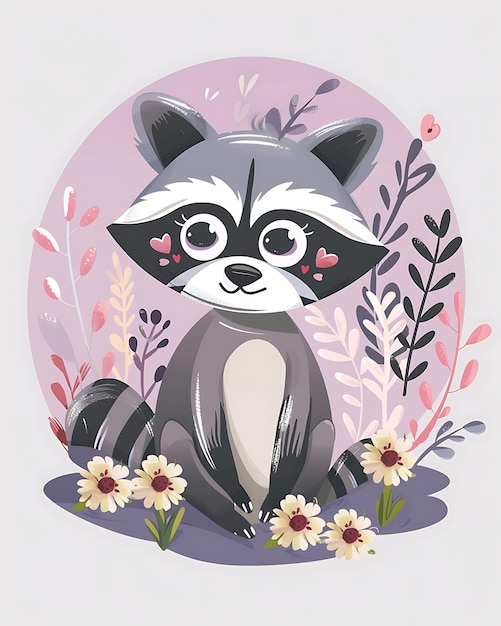 Photo a cartoon of a raccoon with flowers in the background