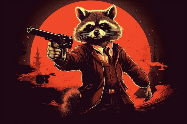 A cartoon of a raccoon with a gun in his hand