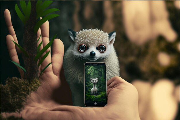 a cartoon of a raccoon with a phone in its hand.