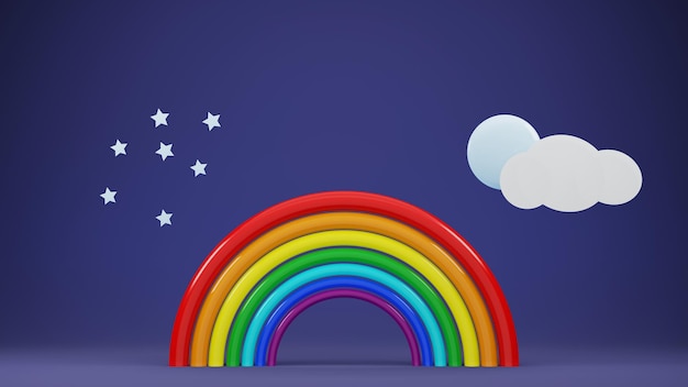 cartoon rainbow with moon and stars in the night 3d render