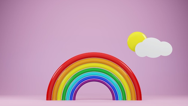 cartoon rainbow with sun and clouds 3d render