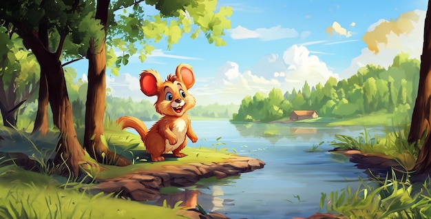 Photo cartoon rat a rabbit by the riverside cheerful vibe