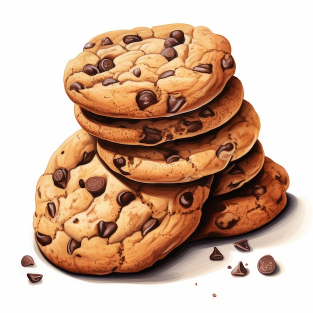 Cartoon Realism Delicious Chocolate Chip Cookies On A White Background