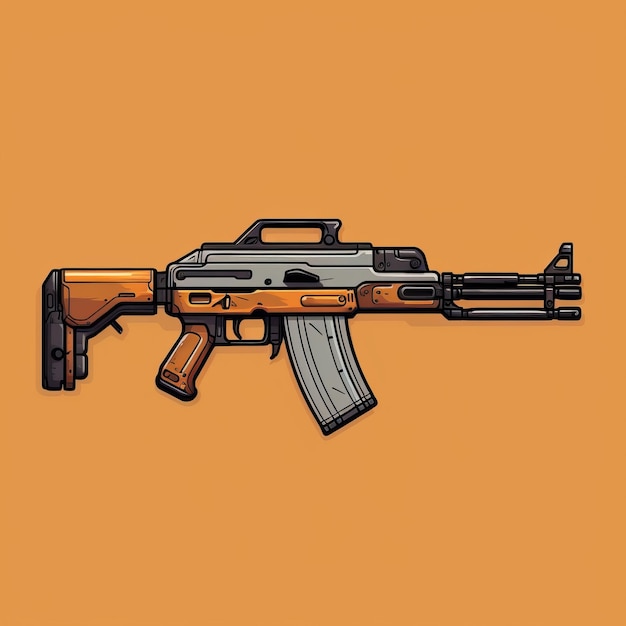 Cartoon Realism Illustration Of Ak 47 Rifle On Orange Background