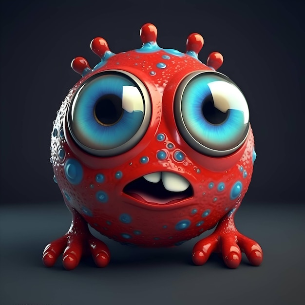 Cartoon red alien with big eyes on dark background 3d illustration