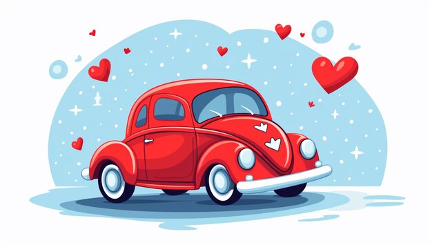 Photo cartoon red car with hearts flying around it generative ai