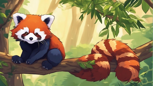 Photo a cartoon of a red panda sitting on a tree branch.