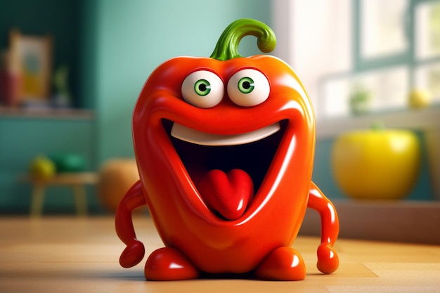 A cartoon red pepper with a green tongue and a green nose.